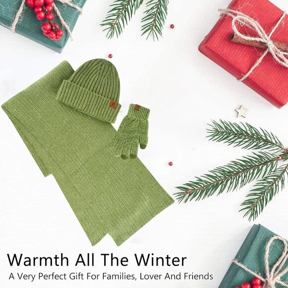 Winter Beanie Hat Scarf Gloves Set for Women and Men Green Warm Knit Gift Idea - Picture 6 of 6